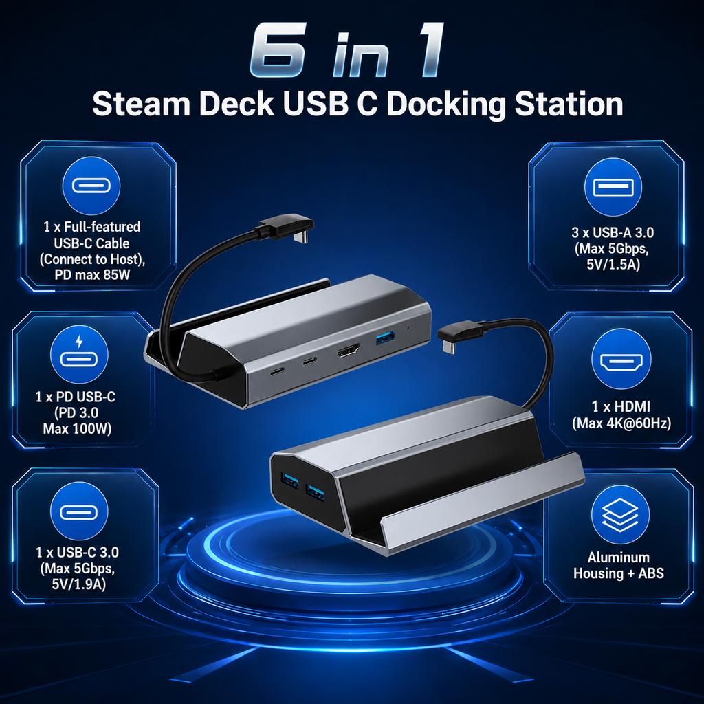 6 in 1 Steam Deck Docking Station 4K 60Hz HDMI 100W PD Type C 5Gbps USB 3.0 TV Base Stand Holder Hub for ROG Ally Switch