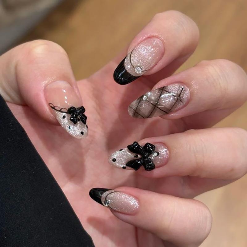 24PCS Pink Leopard Print Blush Almond Press On Nails Sweet Bowknot False Nails Simple French Fake Nails with Diamond Wearable