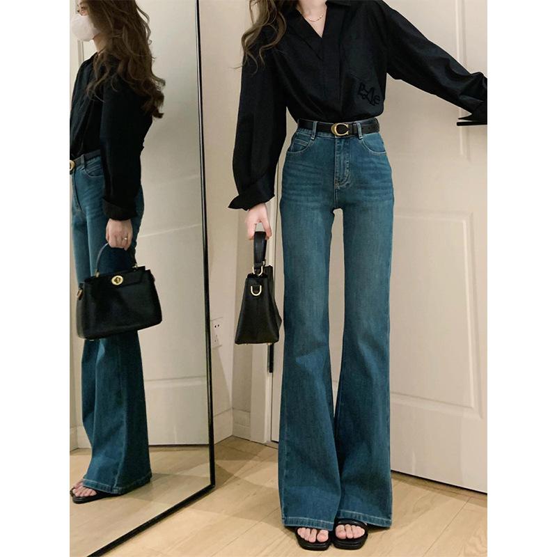 Hong Kong Retro High-Waisted Skinny Flare Jeans - Women's Spring Elastic Fit Straight Legs