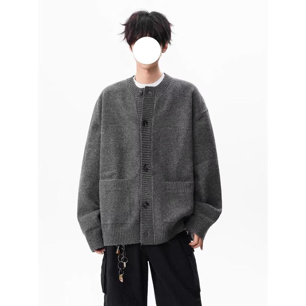 American Gray Knitted Sweater Jacket Men's Trendy Brand Autumn and Winter New Loose Casual Lazy Style Versatile Couple Cardigan