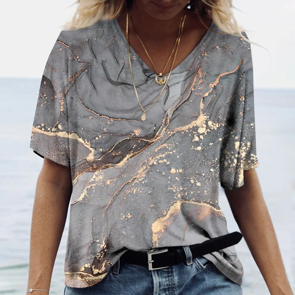 Summer V-neck 3D Marble Pattern Printed Top Fashionable Casual Short Sleeved Women's T-shirts