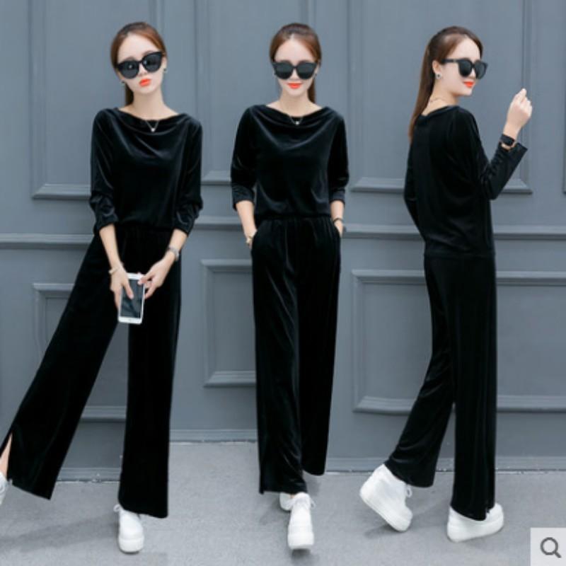 Velvet Sportswear for Women, Spring and Autumn, One-neck Loose Slimming Wide-leg Pants, Large-sized Long-sleeved Casual Set