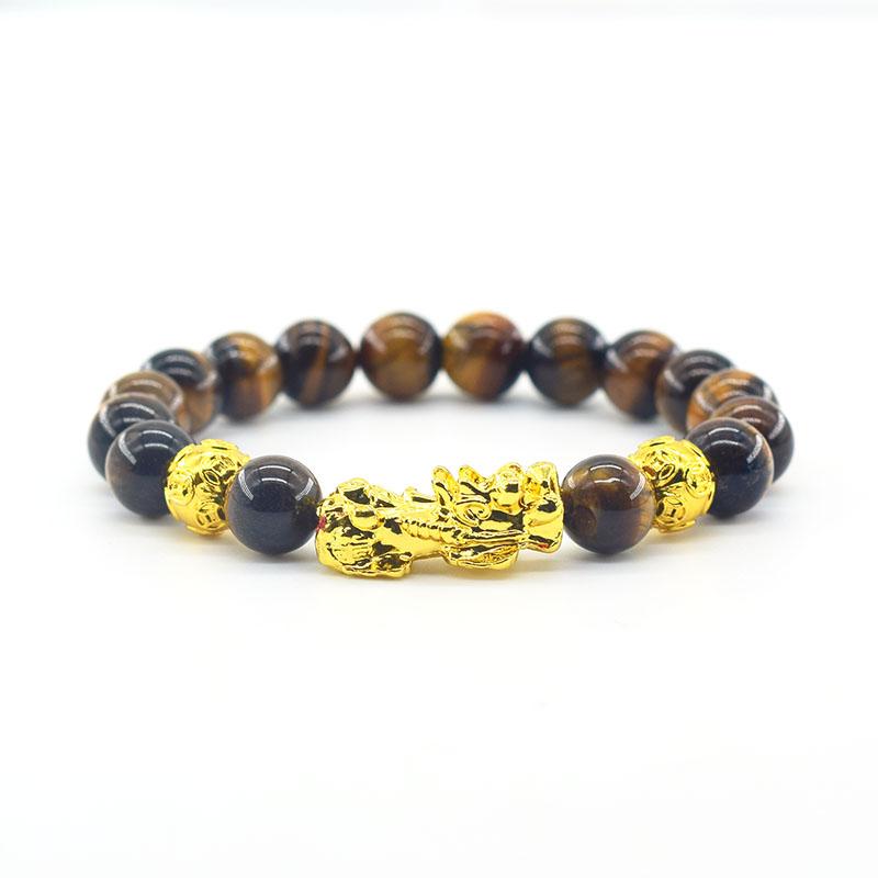 Pixiu Armband Feng Shui Rijkdom en Geluk Armband Heren Polsband Goudkleur Obisidiaan Steen Kralen Zwart Zes Karakter Cadeau
