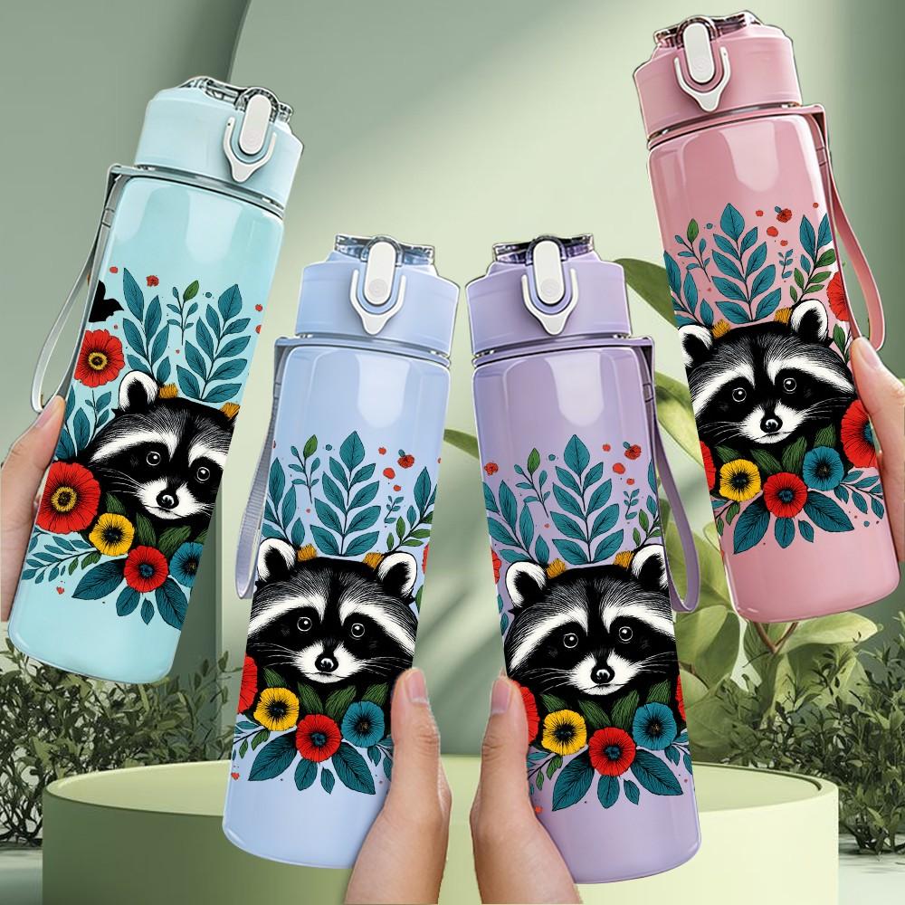 1PC Floral Raccoon Portrait 750ml Color Plastic Sports Water Bottle Leakproof Flip Straw Lid Suitable for Sports Office Home Use