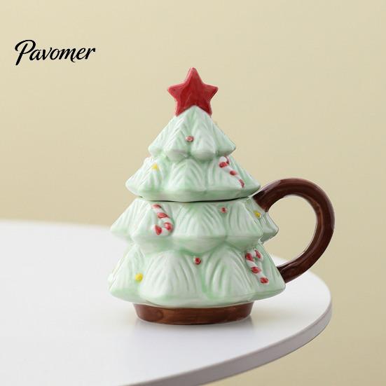 Christmas Tree Coffee Mug with Star Lid, 340ml Festive Holiday Cup for Hot Gift Girlfriend at Cocoa And Milk, Retro Curved Handle Microwave