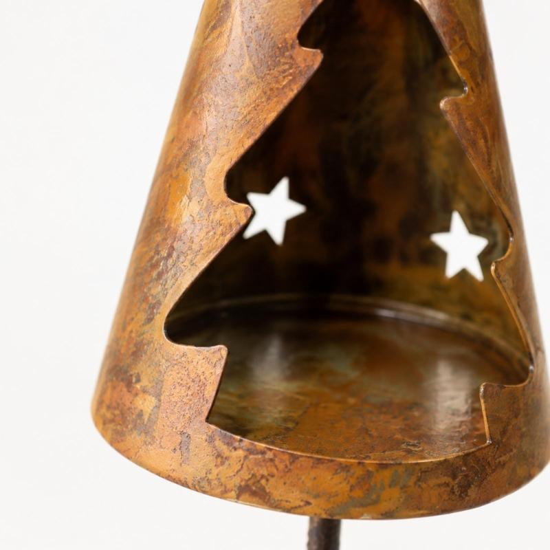 Rust Design Iron Candle Display in a Christmas Tree Shape with Star Detail and Aged Finish for Holiday Dinners and Living Room