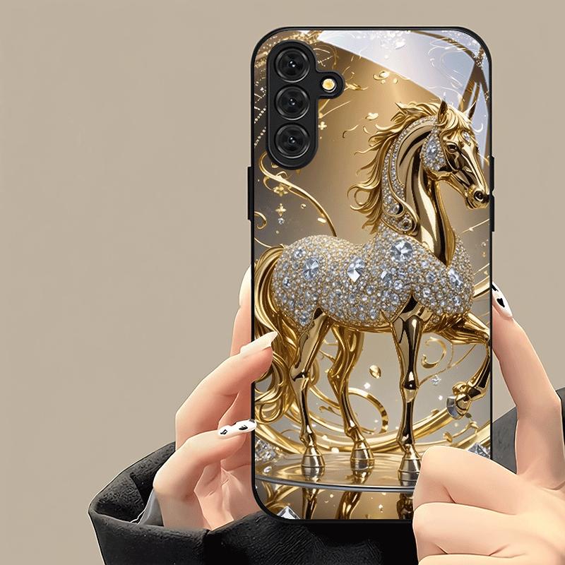 Golden Horse Diamond Set Tempered Glass Phone Case Suitable for Samsung Galaxy S26 S25 S24 S22 S21 S20 FE/Ultra/Plus Anti Drop