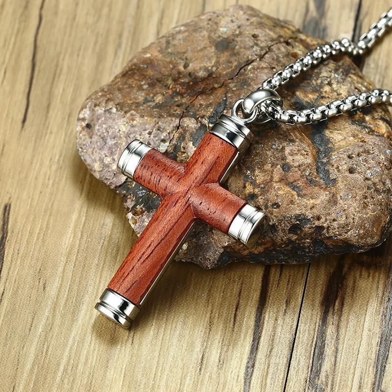 Edle Herren-Kreuz-Anhänger-Halskette aus Rosenholz und Edelstahl-Kruzifix Männlicher Spiritueller Schmuck Christliche Geschenke 24 Zoll