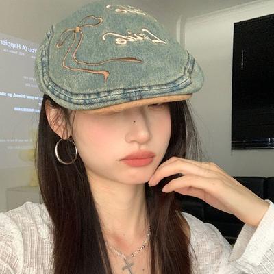 Bow Letter Washed Denim Beret Women's Spring and Summer Retro Old Forward Hat Showing Face Small Painter Hat