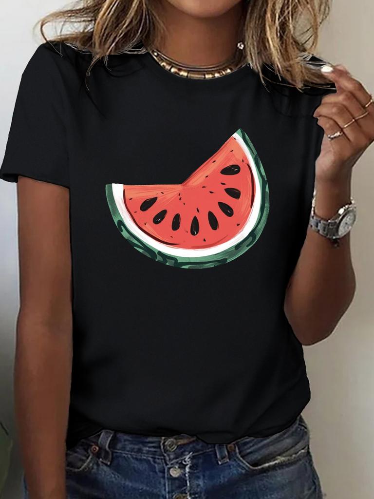 Womens with HandDrawn Watermelon Slice Graphic Harajuku Short Sleeve Casual Clothing Street Tops Tees Aesthetic Clothes