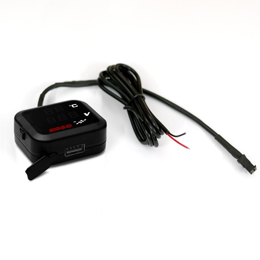 KOSO Cylinder Head Temperature Gauge Motorcycle Universal Cylinder Temp Volt Phone USB Charging 3 In 1 Mini LCD Digital Meter