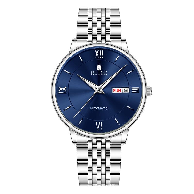 RUIGE Men s Stainless Steel Automatic Mechanical Watch with Dual Calendar and Waterproof Design