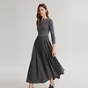 ELLE Solid Color Round Neck Waist Cinching Simple Pleated Knit Long Sleeve Dress Women dresses Dark-Gray EL49083