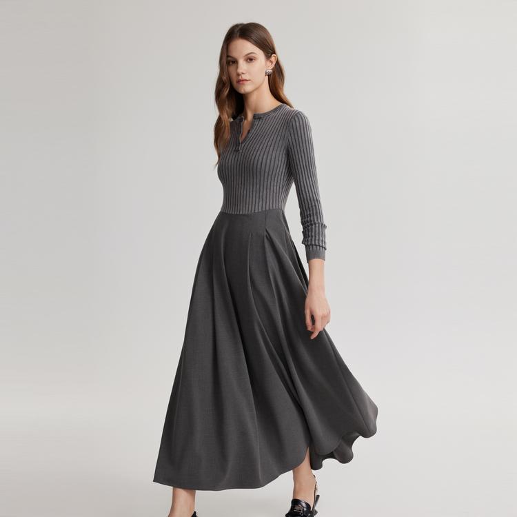 ELLE Solid Color Round Neck Waist Cinching Simple Pleated Knit Long Sleeve Dress Women dresses Dark-Gray EL49083