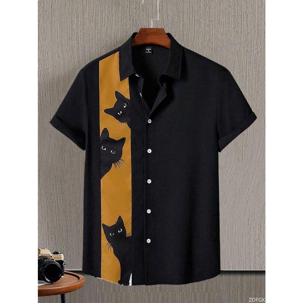 Hawaiian Beach Shirt Fashion Men's Animal Cat Print Shirt Retro Casual Street Clothing Men's Summer Unisex Short Sleeve Top