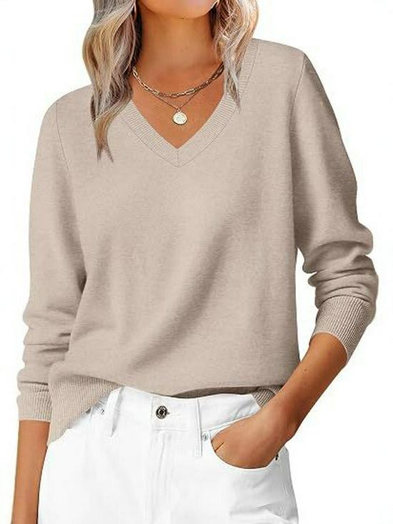 2026 European & American Autumn V-neck Loose Long Sleeve Solid Knit Women's Sweater - Commuting & Versatile