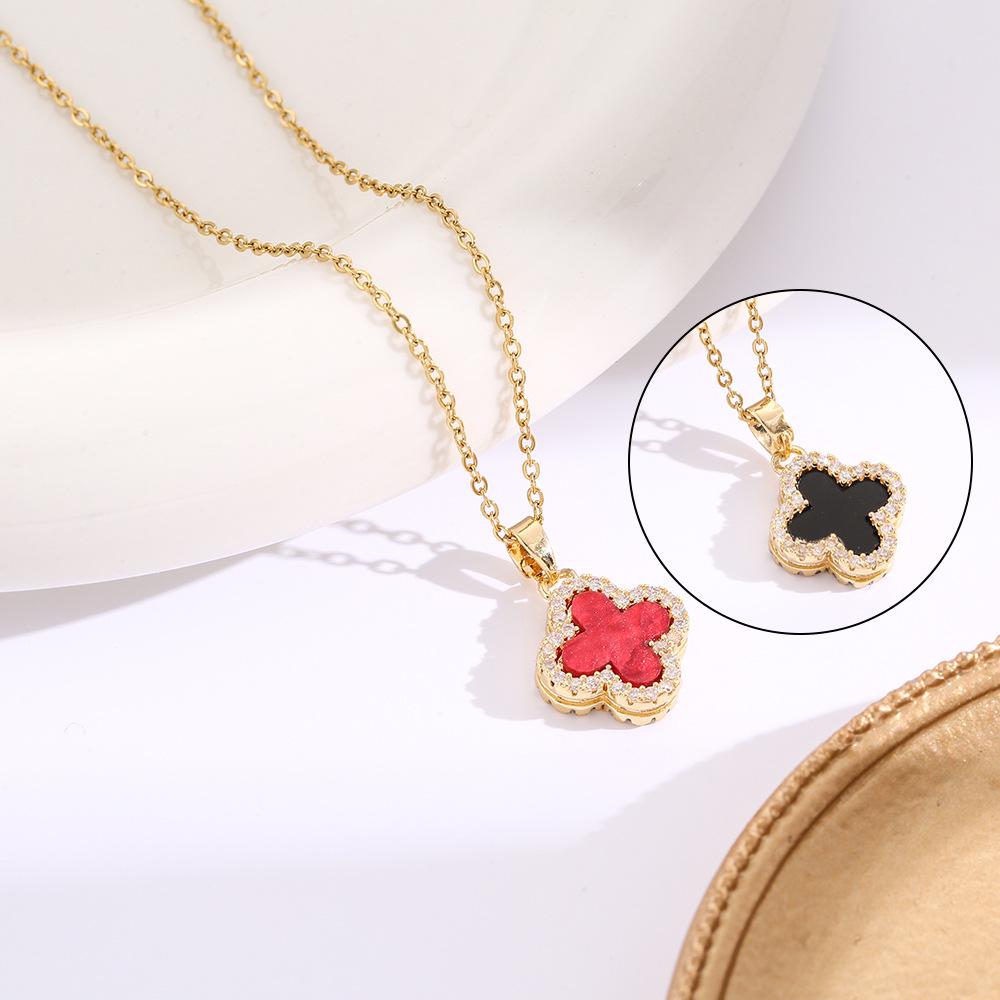 Elegant Gold-Plated Chinese-Style Four-Leaf Clover Necklace with Imitation Hetian Jade Pendant for Women