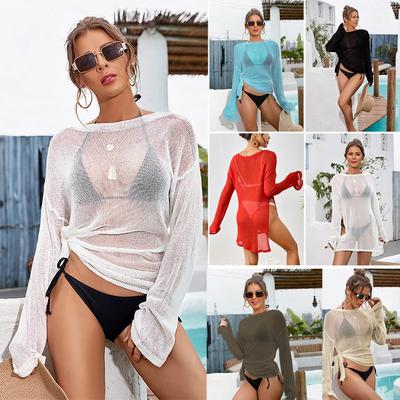 Damen Sexy Langarm Durchsichtiges Oberteil Mesh Transparent Tunika Strand Überwurf Cover-ups Strandkleid Strandbekleidung Strandmode Weiblich
