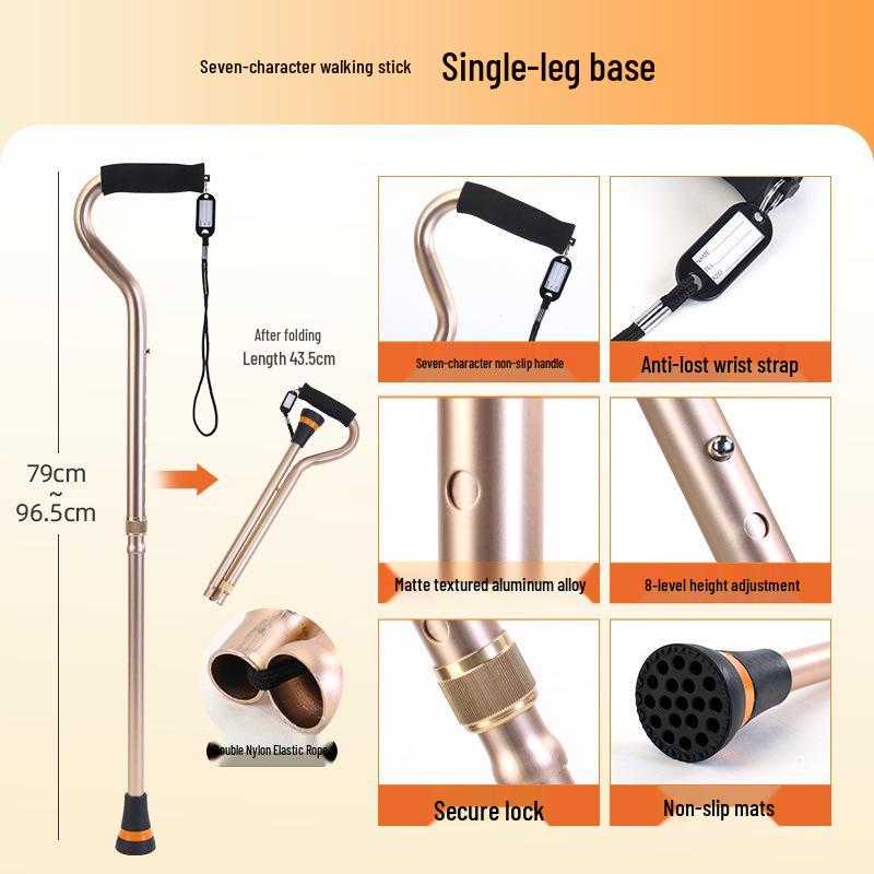 7-Shape Aluminum Telescopic Hiking Cane, 8-Speed Bent Head, Non-Slip Foldable Walking Stick for Seniors