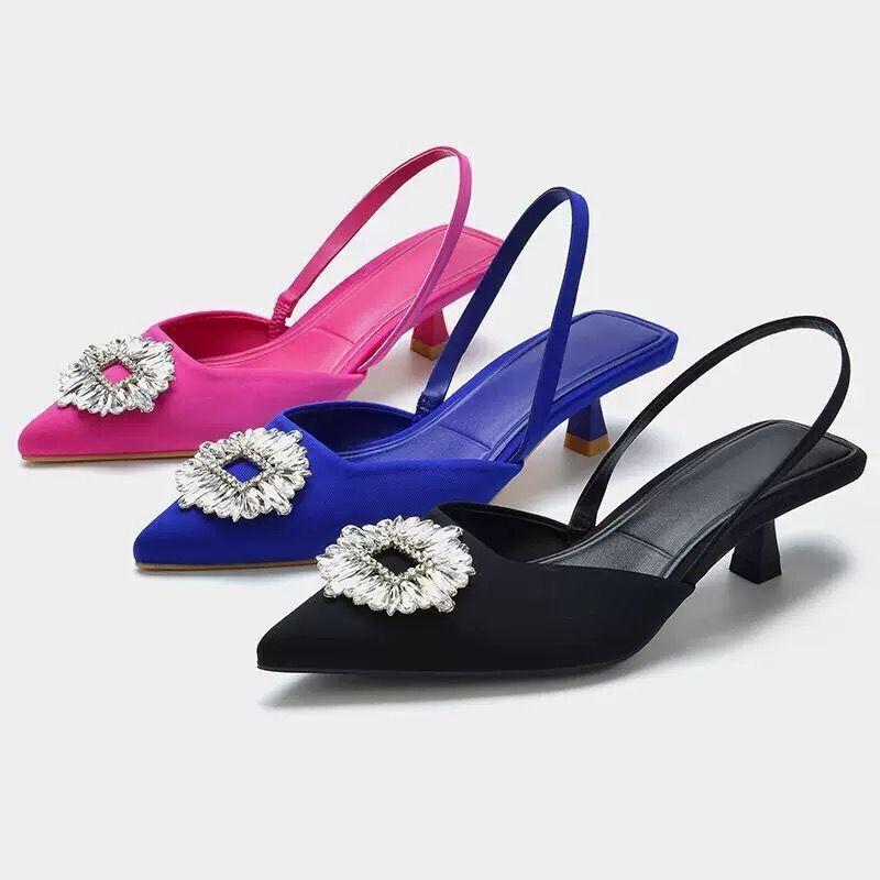 Large size shoes thin heel women's single shoes rose red sexy rhinestone pointed low heel temperament spring and summer sandals
