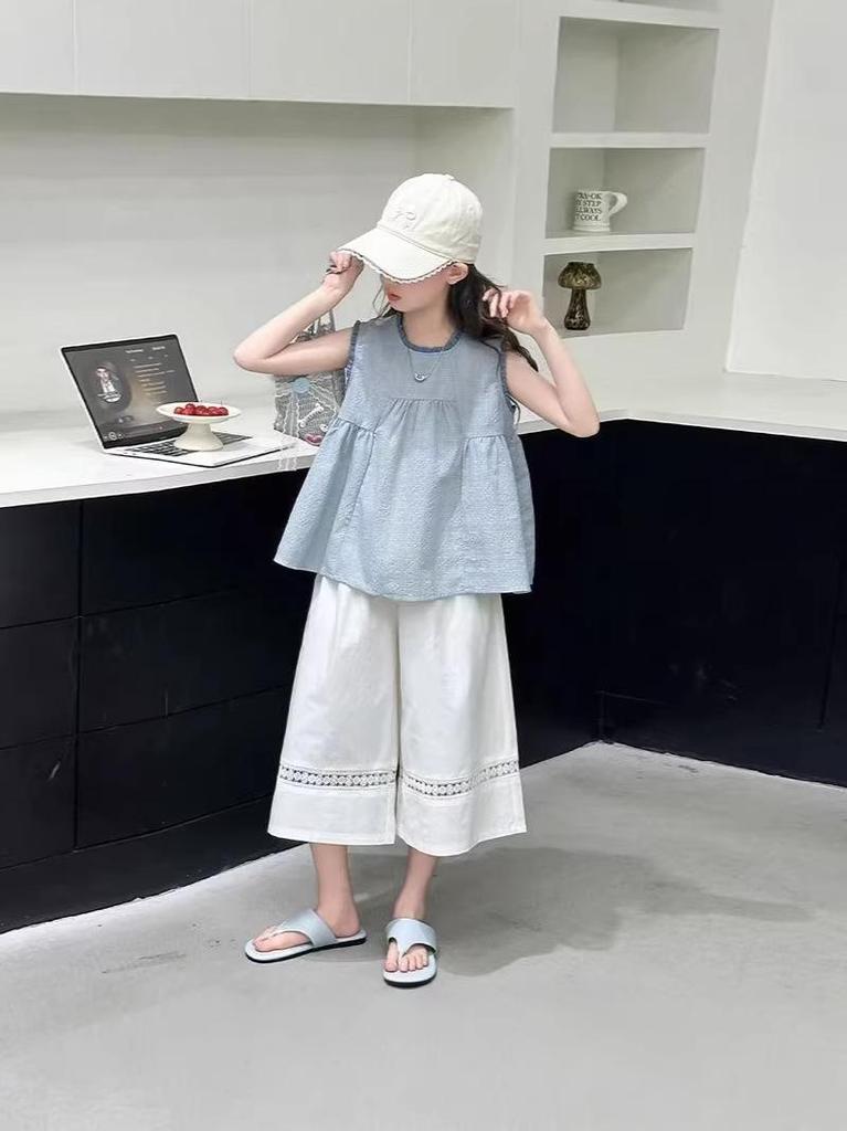 Korean-Style Lace Sleeveless Top & Pants Set - Summer 2026 Girls' Fashion Two-Piece Outfit