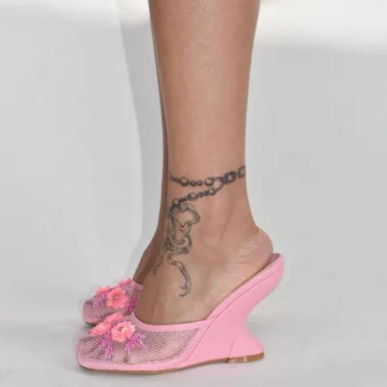 Mode Damen Sommer Keilabsätze Mesh Schuhe Für Damen Blume Runde Zehenpartie Slipper Aushöhlen Hochhackige Sandalen Mujer Party Hochzeit Pumps