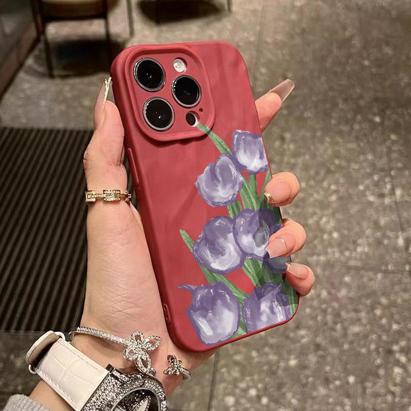 Oil Painting Purple Tulip iPhone17promax Mobile Phone Case for Apple 16promax Pleats 15 Sets