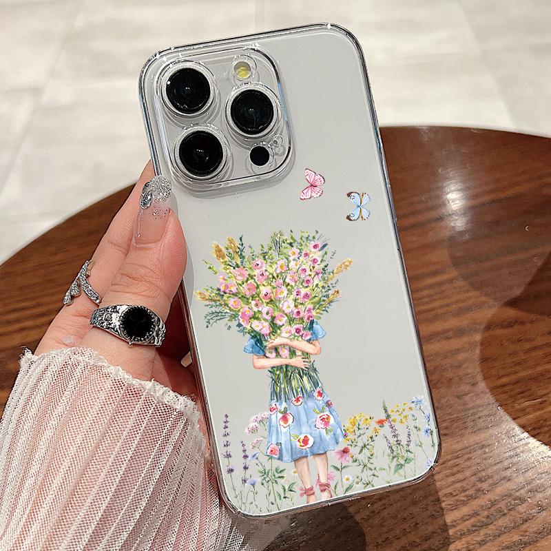 For iPhone 15 Pro Max 14 13 Pro 12 11 Phone Cover Beautiful Floral Pattern Clear Shockproof Slim PC Hard Case