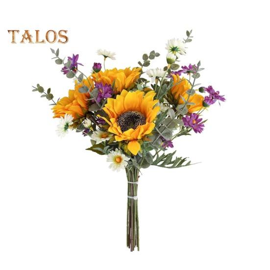 

Искусственный букет подсолнухов с листьями эвкалипта, искусственный шелковый цветок, украшение для свадебной вечеринки, домашнего офиса, стола, пластиковые искусственные цветочные растения Sun flower