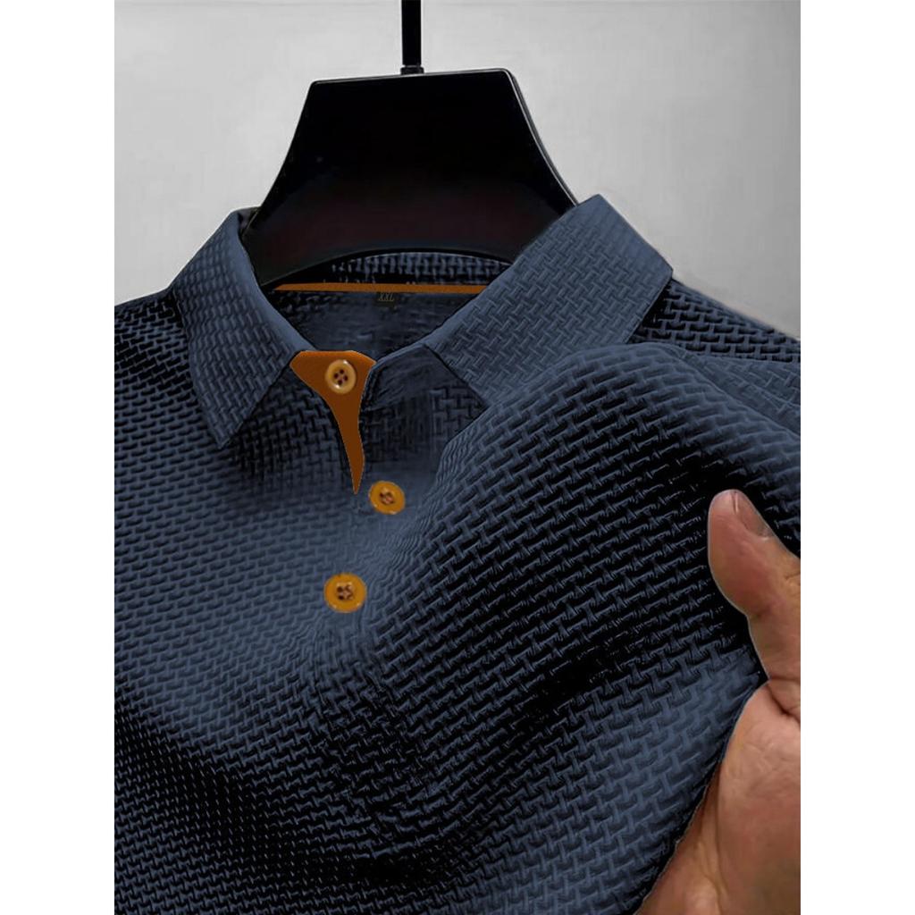 Men's Summer Ice Silk Fiber Short Sleeve T-shirt - Breathable Striped Casual Top with Classic Collar and Button Details