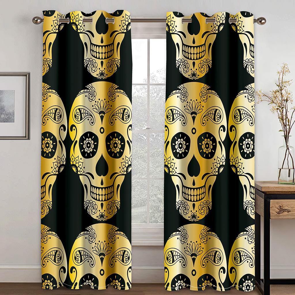 

3D Golden Skull Blackout Curtains Luxury Living Room Bedroom Decor 2 Panel Set 100W130H(CM)40x51in&Hook