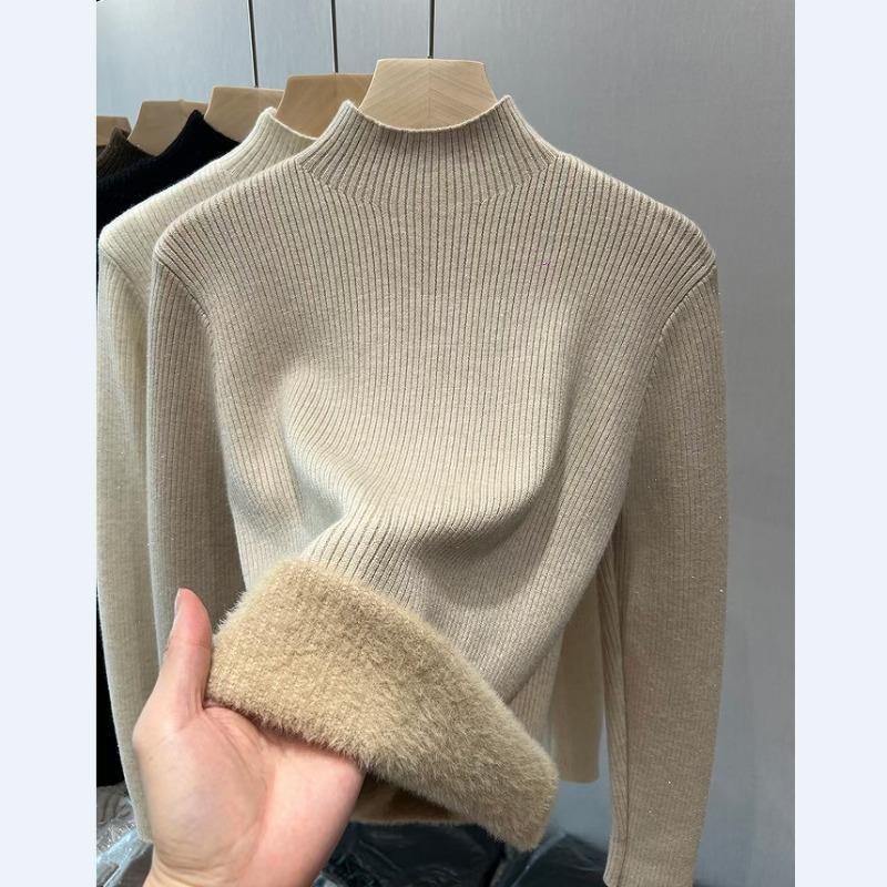 Winter Fleece Thickened Knitted Bottoming Shirt Women's Integrated Fleece Semi-turtleneck Pullover Warm Inner Top