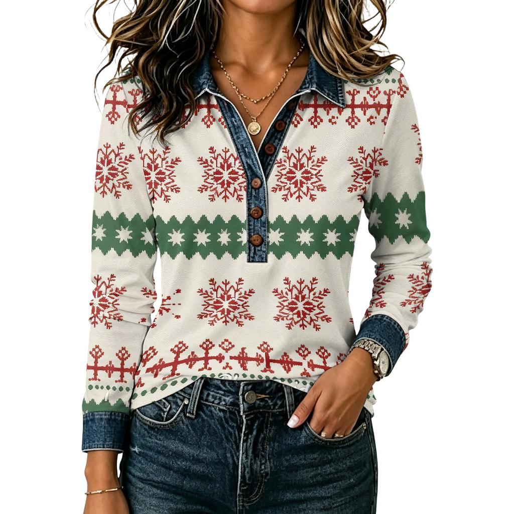 Women's Casual Long Sleeve Top Loose Fit Stylish Color Block Patchwork Shirt Comfortable Everyday Blouse