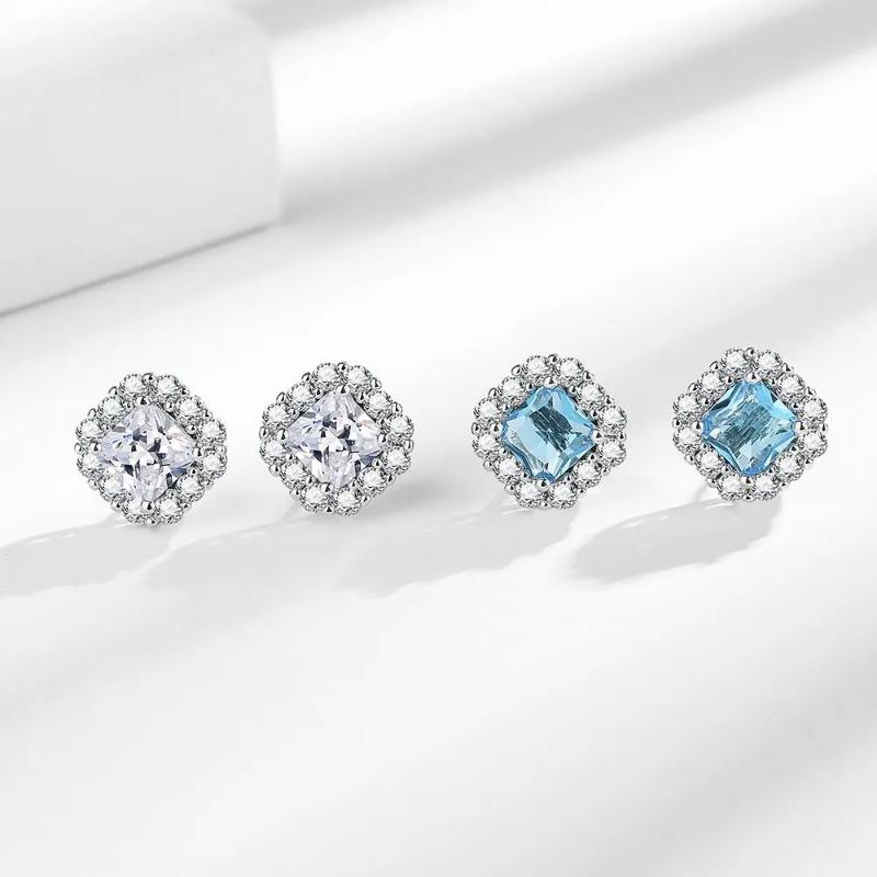 925 Sterling Silver Light Luxury Exquisite Sugar Cube Shape Light Blue Zircon Small Stud Earrings Birthday Anniversary Gift