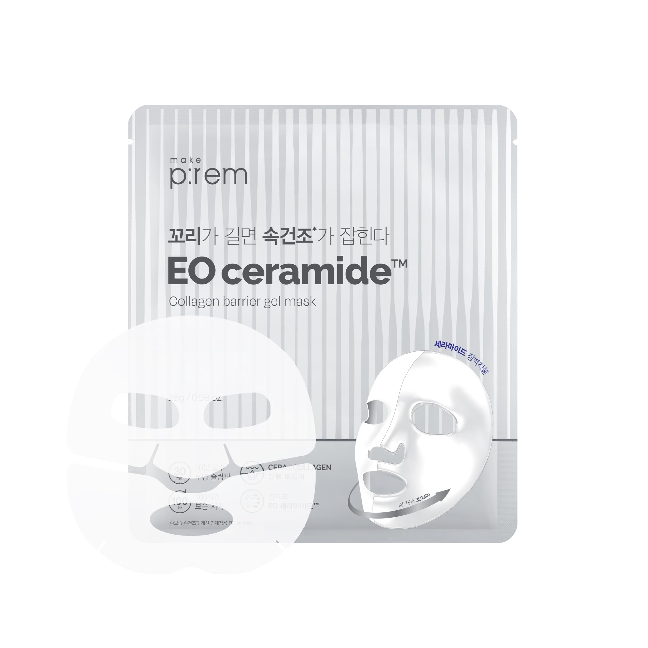 

Make Prem Ioceramide Collagen Barrier Gel Mask 28 г x 4 листа Корейская гидрогелевая маска Уход за эластичностью Увлажняющий уход Уход за кожным барьером Супер 1 мм белый