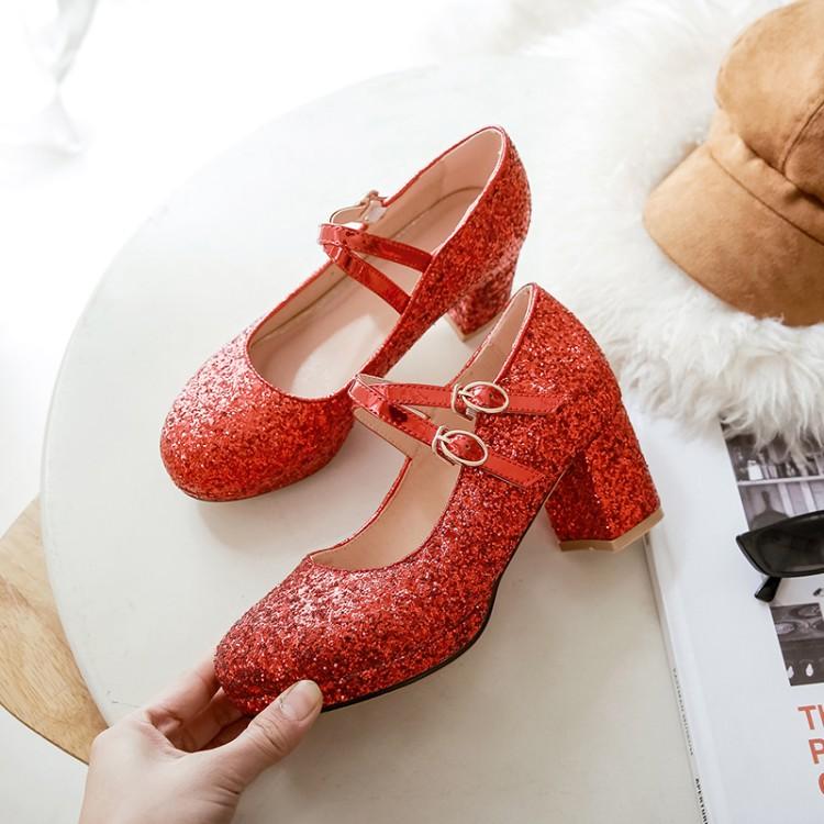 Velikost 33-43 Dámské červené třpytivé zlaté boty na vysokém podpatku, Mary Jane lodičky s dvojitým přezkovým páskem, společenské svatební