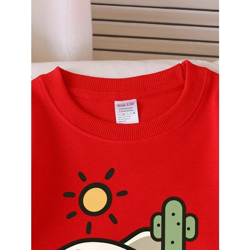 European Sizes Girls' Long-Sleeve Round Neck Sweatshirt "Sunny Day Cactus" Print, Spring/Autumn, Casual, Daily & Sports.