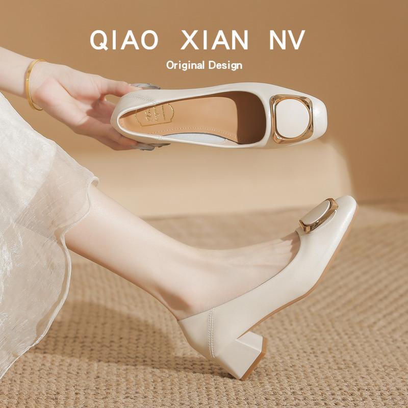 Giant soft~ French leather square head soft leather single shoes versatile temperament thick heel light mouth spring and autumn shoes professional
