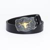 Western Bull Head Belt with Smooth Buckle - Patterned Cowhide Leather Men's Belt