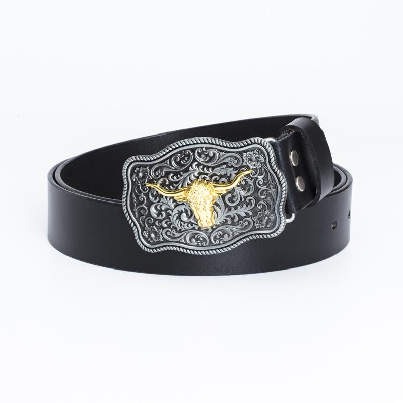 Western Bull Head Belt with Smooth Buckle - Patterned Cowhide Leather Men's Belt