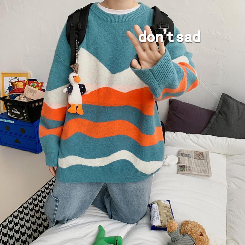 

Свитер с круглым вырезом, мужской полосатый свитер с вышивкой, повседневный свободный ленивый свитер, осень и зима XXL зелёный