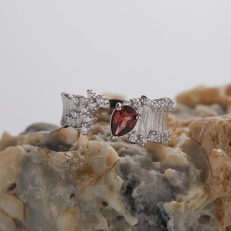 Personalized Fashion S925 Sterling Silver Natural Colored Treasure Garnet Topaz Ring Women'S Brushed Effect Open Ring