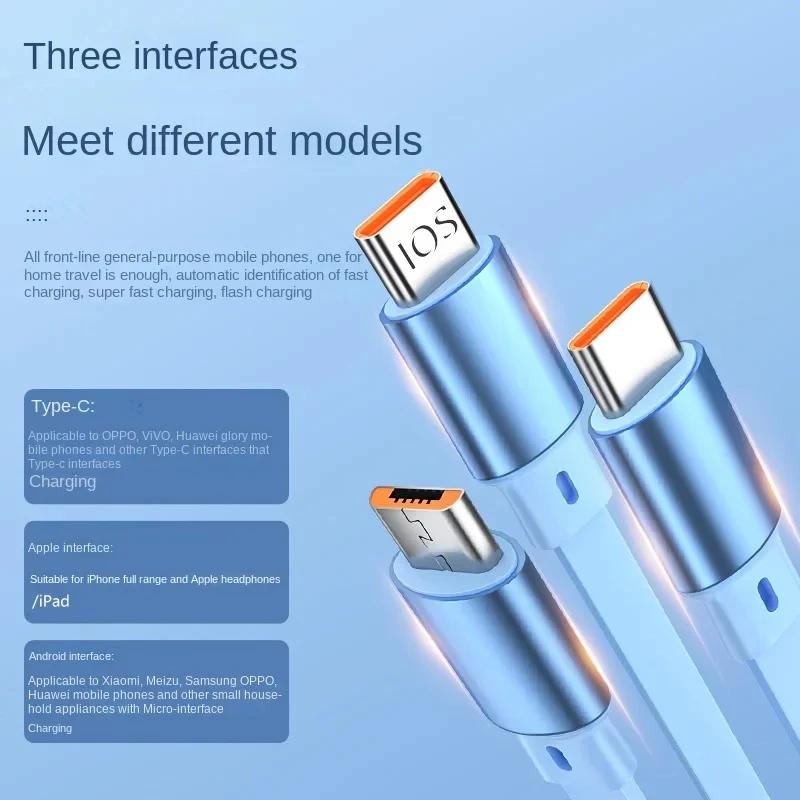 3 in1 Fast USB Cable 6A 100W Data Cable Retractable Portable Charging Line Micro USB Type C Charger Cable For Iphine / Samsung