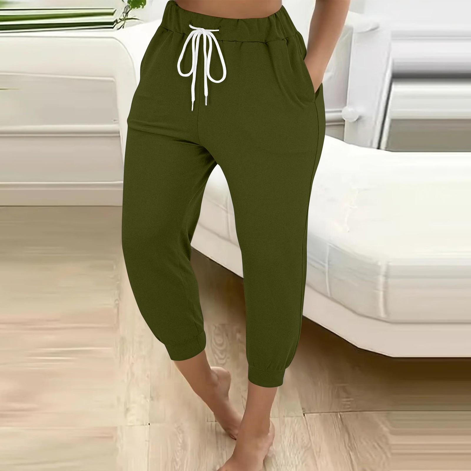 

Women s Solid Color Loose Slimming Running Fitness Pants High Waist Lace-up Small Foot Pocket Nine-inch Pant L армія зелений колір