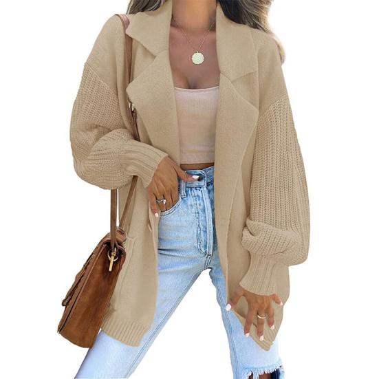 Women Suit Coat Suit Lapel Long Sleeve Solid Color Knitting Coat with Pockets Loose Fit Single Button Sweater Coat