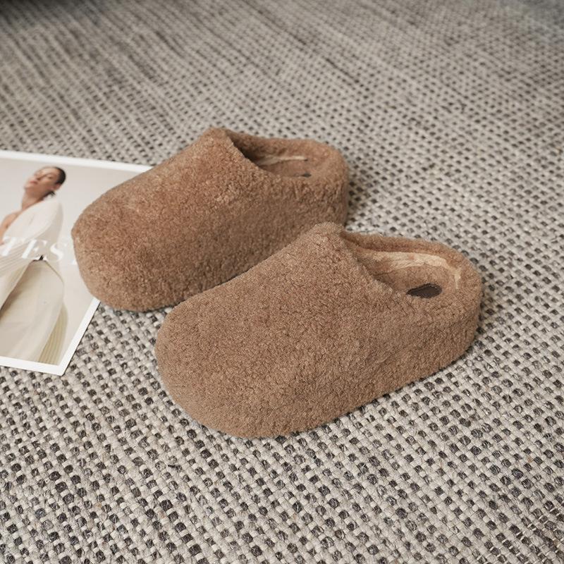 Women's retro lightweight comfortable non-slip heightening winter warm plush lining non-slip durable casual cotton one-step slippers