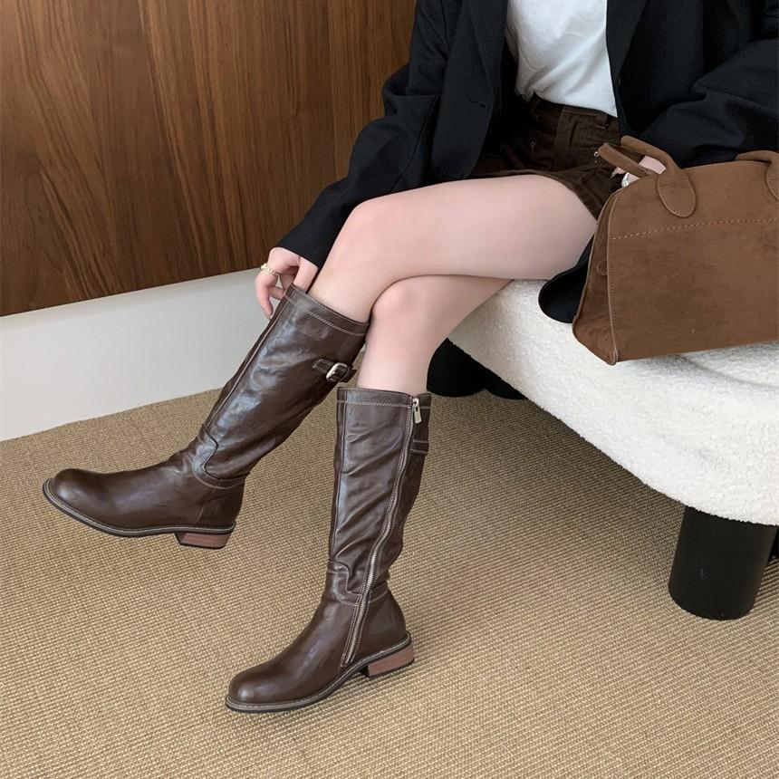 Huge good-looking~ Internet celebrities popular washed horse leather leather knight boots women's boots Martin boots thick heel high boots