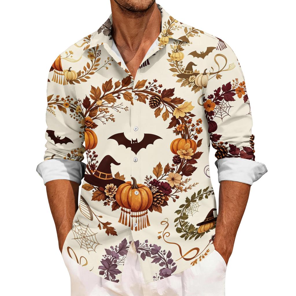 Men's Casual Long Sleeve Halloween Print Shirt Button Down Collar Relaxed Fit Lightweight Breathable Fabric Casual Sport Shirt