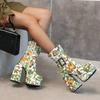 Fashion Women short boots autumn winter flower embroidery thick heel ultra-high heel belt buckle waterproof platform women's ankle boots