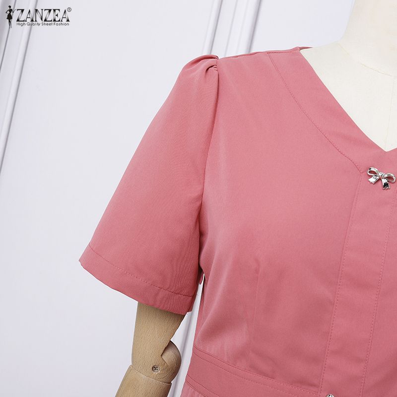 ZANZEA Women Casual V-Neck Short Sleeve Lace Splice Long Dress